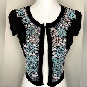 NWT INC International Concepts Women Sweater Shrug Sequin Embroidered Small Blk